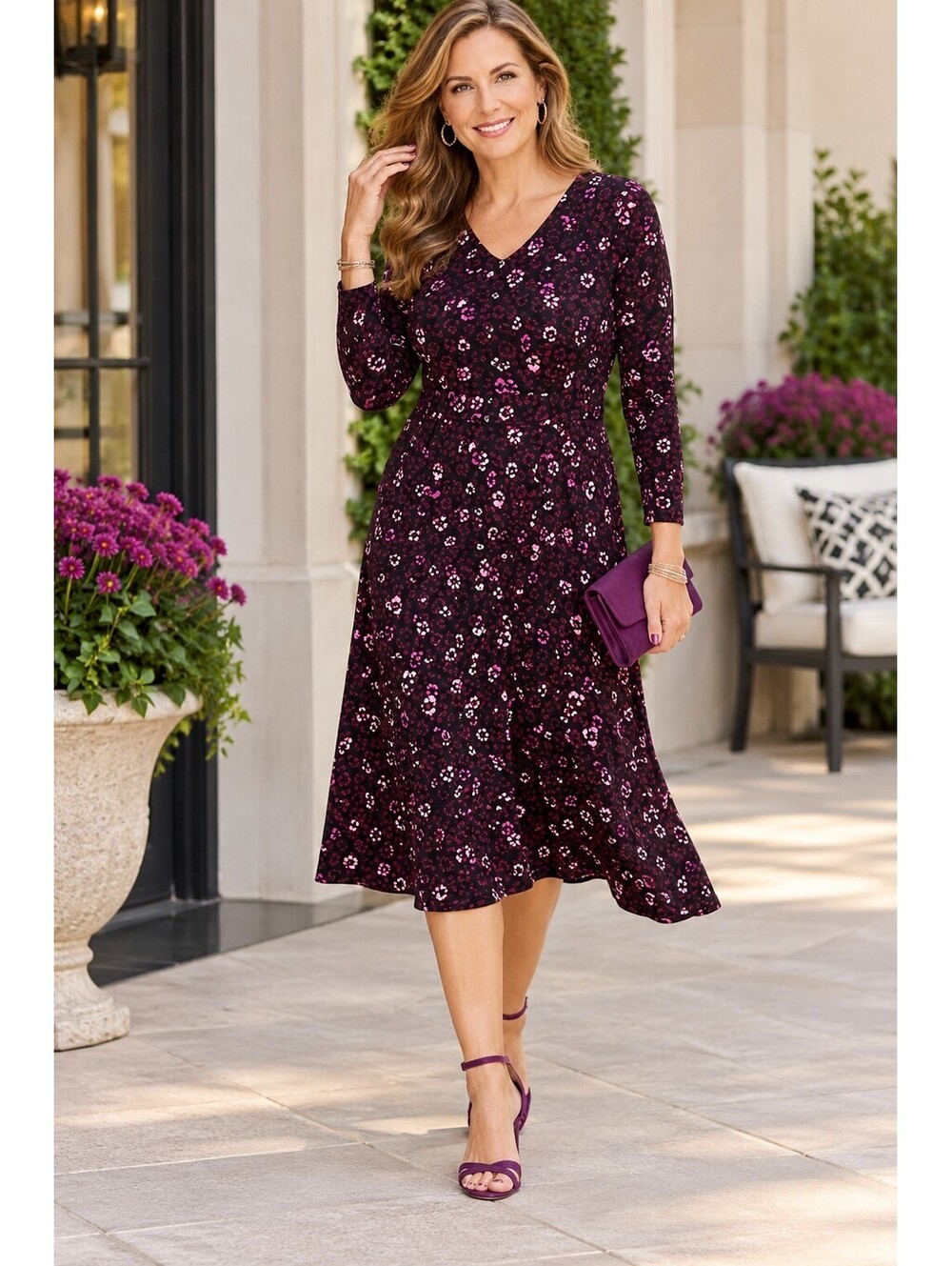 Talbots Women Black Wine Animal Print Fit & Flare Dress, Size X
